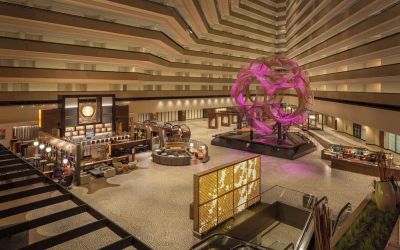 Stylish hotel atrium at Hyatt Regency San Francisco.