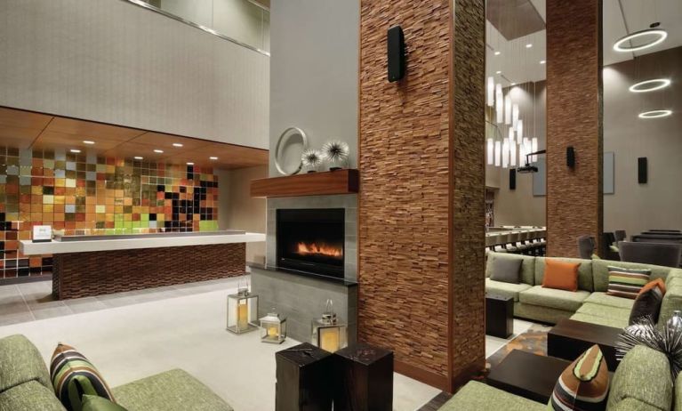 Lobby and coworking space at Hilton Garden Inn Calgary Downtown.