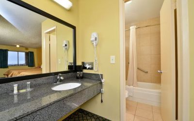 Guest bathroom at Super 8 By Wyndham Universal City.
