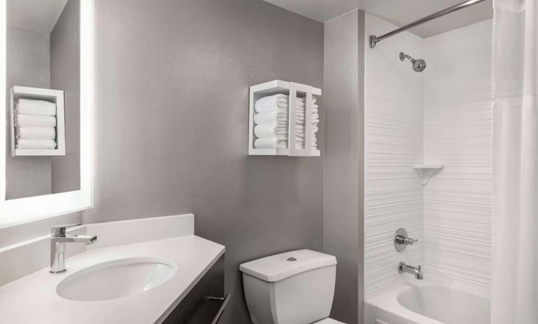 Private bathroom with combined shower and tub at Hampton Inn Chicago-O'Hare International Airport..