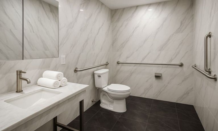 Guest bathroom at LIV Hotel Bronx.