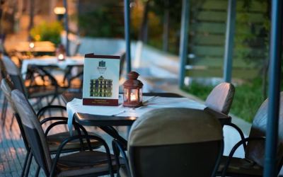 Outdoor terrace at Delphi Art Hotel.