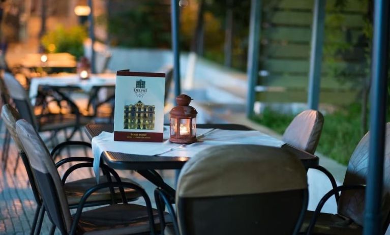 Outdoor terrace at Delphi Art Hotel.