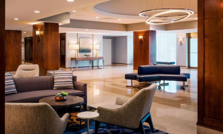 Lobby and coworking lounge at Boston Marriott Newton.