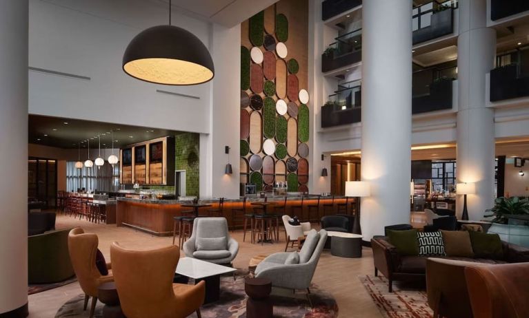 Lobby and lounge at Hilton Atlanta Airport.