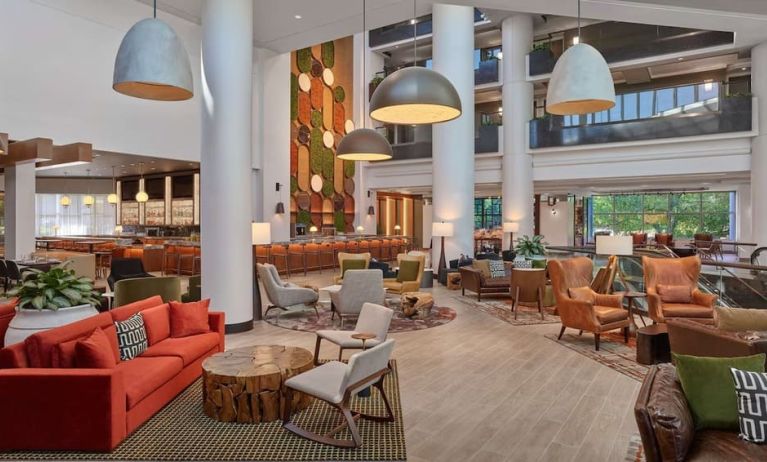 Lobby and lounge at Hilton Atlanta Airport.
