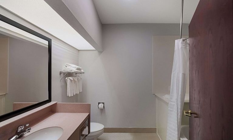 Guest bathroom at Quality Inn & Suites Irving DFW Airport South.