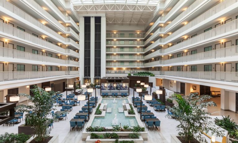 Hotel atrium perfect for coworking at Embassy Suites By Hilton Brea North Orange County.