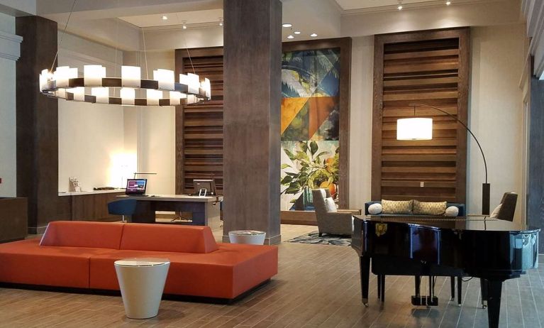 Lobby and coworking lounge at Embassy Suites By Hilton Brea North Orange County.