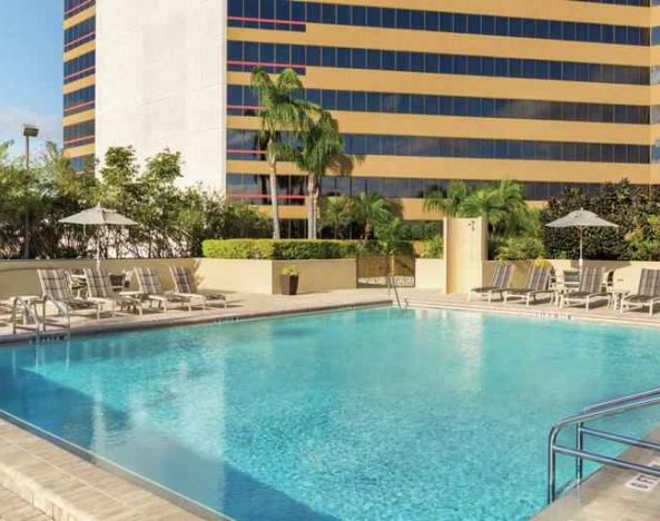 Relaxing outdoor pool area at the DoubleTree by Hilton Orlando Downtown.
