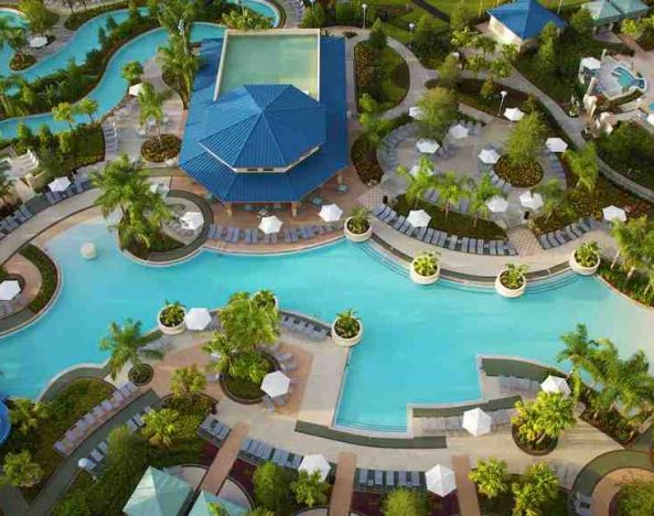 Stunning aerial view of the outdoor pools at the Hilton Orlando.