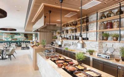 Breakfast buffet in a stilish restaurant area at the Hilton Garden Inn Singapore Serangoon.
