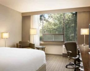 Comfortable deluxe queen room with window view at the Double Tree Toronto Airport West.