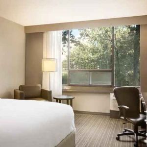 Comfortable deluxe queen room with window view at the Double Tree Toronto Airport West.