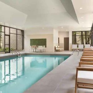 Bright and relaxing indoor pool area at the Double Tree Toronto Airport West.
