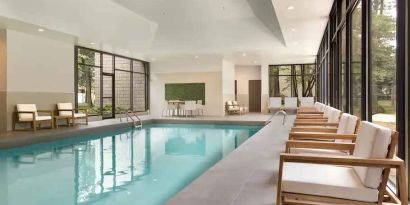 Bright and relaxing indoor pool area at the Double Tree Toronto Airport West.