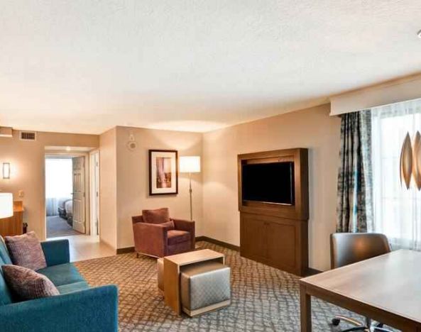 King executive room featuring living area, TV screen and sofa at the Embassy Suites by Hilton Orlando-Downtown.