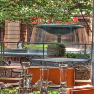 Stylish restaurant perfect as workspace at the Embassy Suites by Hilton Alexandria-Old Town.