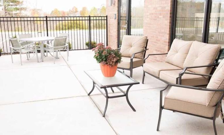 Pretty outdoor patio for coworking at Hampton Inn Big Rapids, MI.