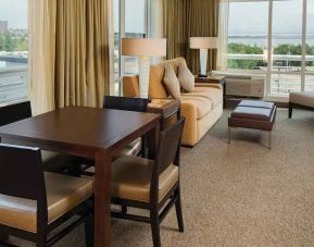 Comfortable lounge area and coworking space at DoubleTree by Hilton Boston Bayside.
