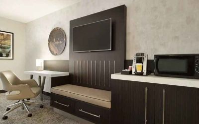 Work desk inside day use room at Hilton Garden Inn Washington DC Downtown.