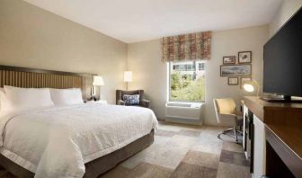 Bright-lit king-sized bed with TV and work desk at Hampton Inn By Hilton, Salt Lake City Cottonwood.