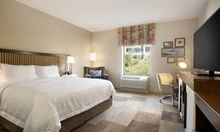 Bright-lit king-sized bed with TV and work desk at Hampton Inn By Hilton, Salt Lake City Cottonwood.