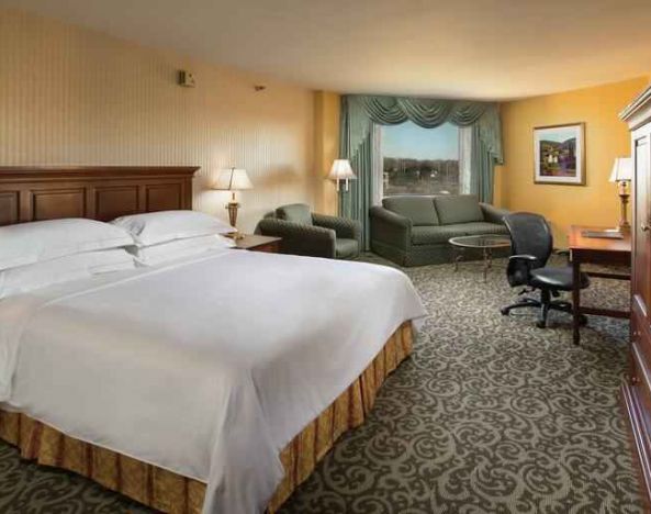 Spacious king room with king size bed, sofa and desk at the DoubleTree by Hilton Lisle-Naperville.