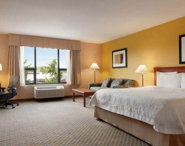 1 king bed with desk, tv and sofabed at the Hampton Inn & Suites by Hilton Langley-Surrey