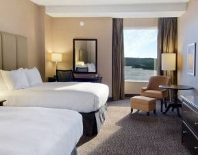 Spacious room with 2 queen beds, desk,chair and view of the harbour at the Hilton Saint John