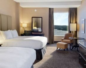 Spacious room with 2 queen beds, work desk and view of the harbour at the Hilton Saint John.