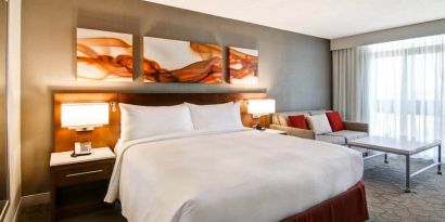 Day use room with lounge area and private bathroom at Hilton Mississauga Meadowvale.