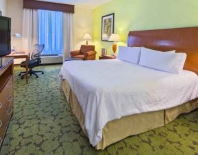 King size bed, TV screen and desk in a hotel room at the Hilton Garden Inn Tallahassee Central.