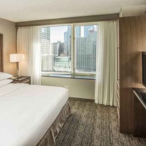 King size bed, TV screen and large window in a bedroom at the Embassy Suites by Hilton Chicago Magnificent Mile.