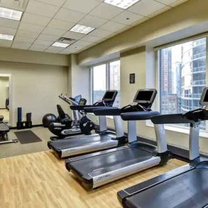 Fitness center with treadmills at the Embassy Suites by Hilton Chicago Magnificent Mile.