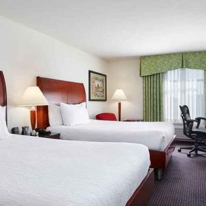 luxurious queen room with TV and work area at Hilton Garden Inn Rockville-Gaithersburg.