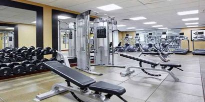 well-equipped fitness center at Homewood Suites by Hilton Rockville-Gaithersburg.
