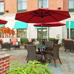 lovely outdoor garden patio for relaxing or coworking at Homewood Suites by Hilton Rockville-Gaithersburg.