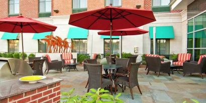 lovely outdoor garden patio for relaxing or coworking at Homewood Suites by Hilton Rockville-Gaithersburg.