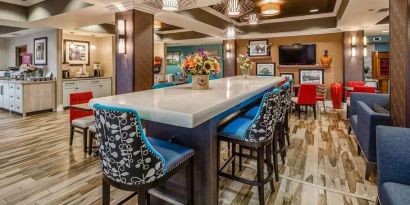 Funky lobby ideal for coworking at Hampton Inn San Francisco Airport.