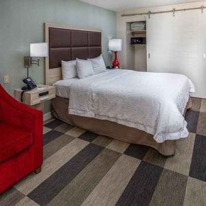 Colorful king suite with natural light at Hampton Inn San Francisco Airport.