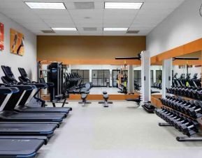 Fitness center with treadmills and weights at the DoubleTree by Hilton Kansas City - Overland Park.