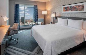 comfortable king bedroom with city views and natural light at Hilton Garden Inn Austin University.