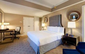 spacious king room with work desk perfect for remote work at Hilton Milwaukee City Center.