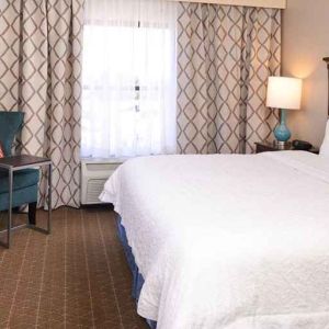 Comfortable king room with TV and work area at Hampton Inn & Suites Pueblo-Southgate.