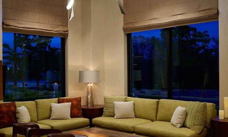 Comfortable lobby lounge area ideal for coworking at Hilton Garden Inn Boston/Marlborough.