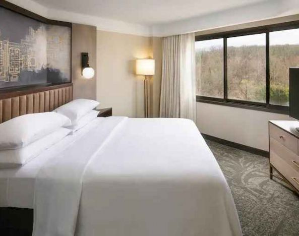 Bright king bedroom with window and TV screen at the Embassy Suites by Hilton Tysons Corner.