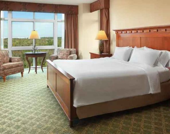 Bright king suite with window and sofas at the Embassy Suites by Hilton Charleston Airport Convention Center.