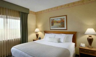 King size bed in a hotel suite with window at the Embassy Suites by Hilton Charleston Airport Convention Center.