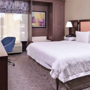 Comfortable king size bed in a hotel room at the Hampton Inn Albuquerque, University-Midtown (UNM).